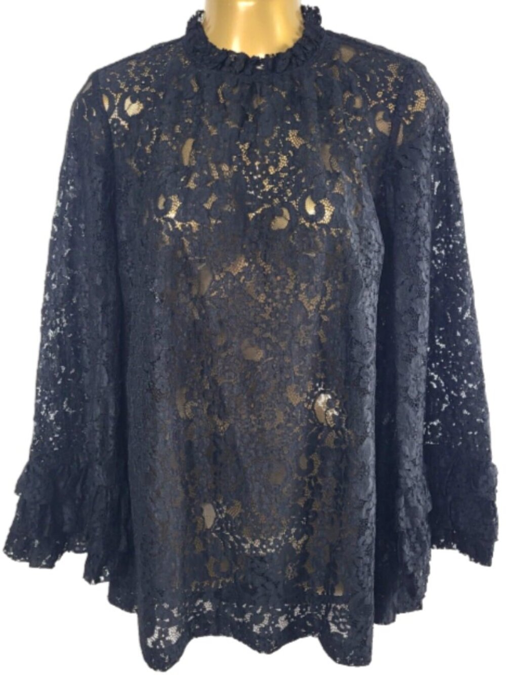 ZARA X-Small Sheer Black Lace Blouse Pullover Bell Sleeves 3 Tiered Lace Cuff - Picture 3 of 14